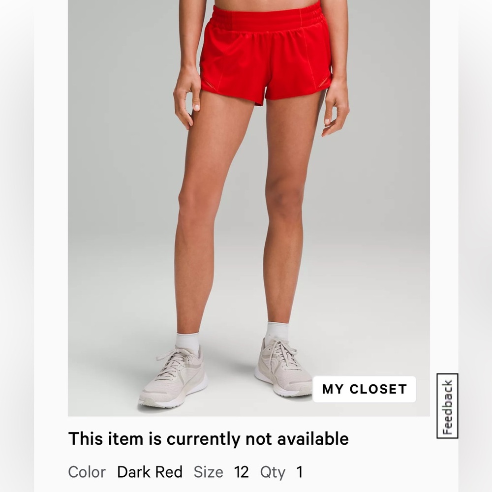 Size 12, dark red, Lululemon hotty hot short 2.5